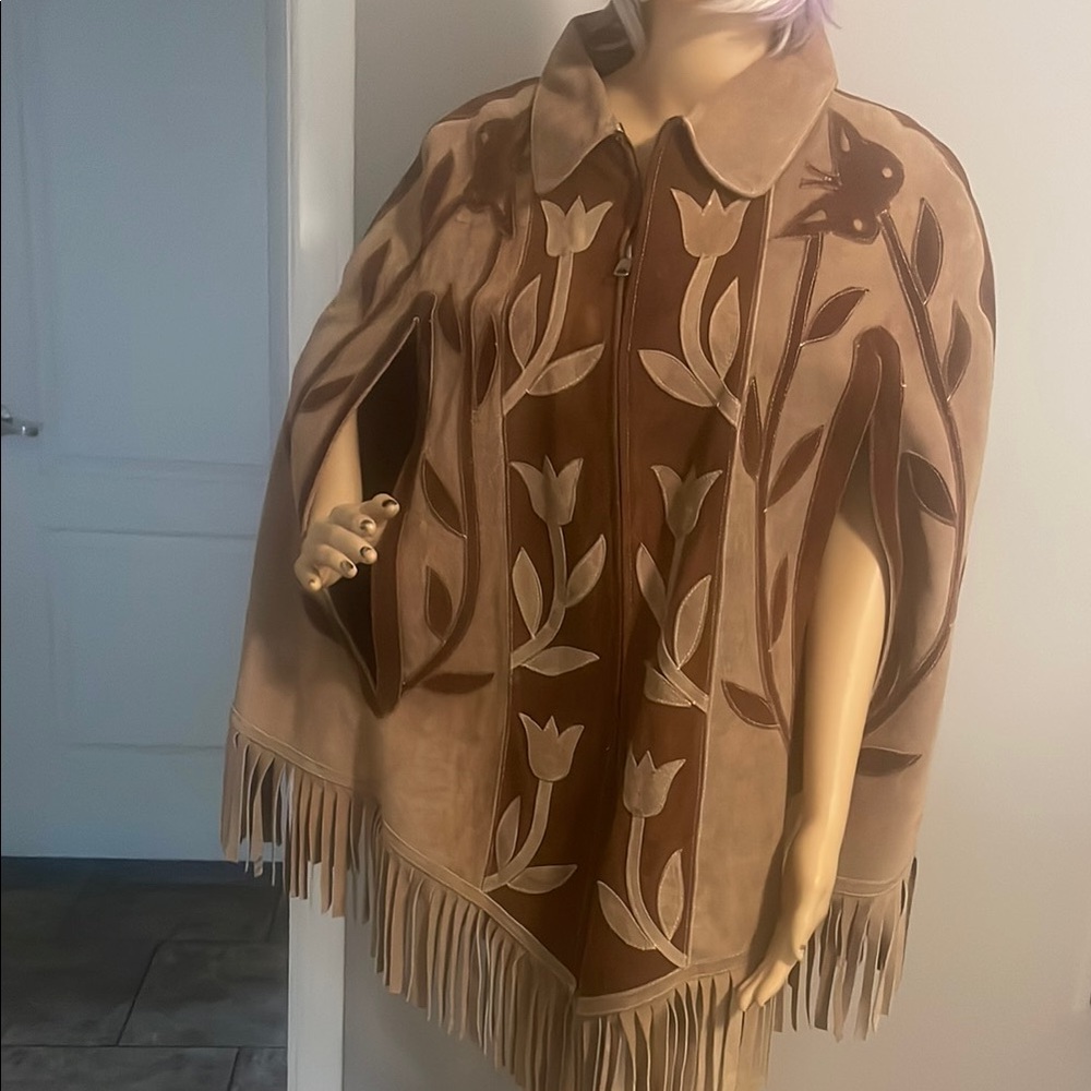 Vintage Floral Suede Cape / Poncho with Fringe